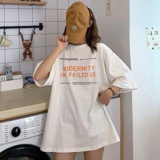 Letter Print Elbow-sleeve Oversized T-shirt