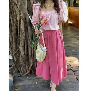 Puff Sleeve Square-neck Top / Plain Midi Skirt (various Designs)