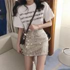 Lettering T-shirt / Sequined Mini Skirt