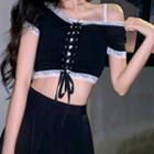 Short-sleeve Lace-up Crop Top Black - One Size