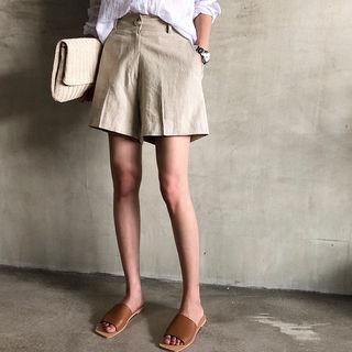 Zip-front Wide-leg Linen Shorts