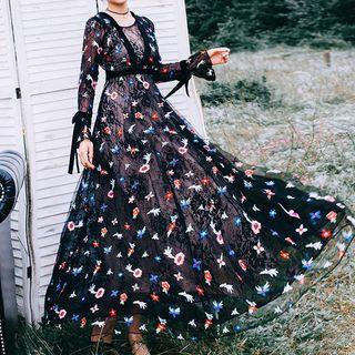 Embroidered Long-sleeve A-line Maxi Lace Dress