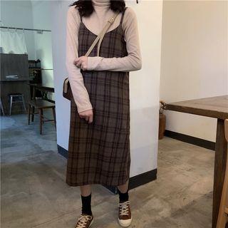 Long Sleeve Top / Plaid Spaghetti-strap Dress