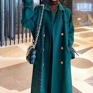 Panel Plaid Color Block Double-breasted Wool Coat