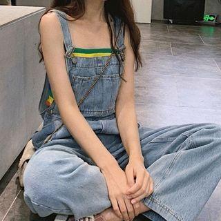 Spaghetti Strap Striped Knit Top / Wide-leg Denim Jumper Pants