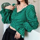 V-neck Houndstooth Cropped Blouse