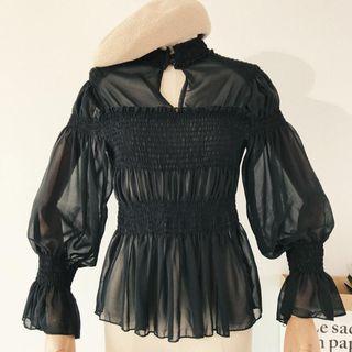 Balloon-sleeve Smocked Chiffon Blouse