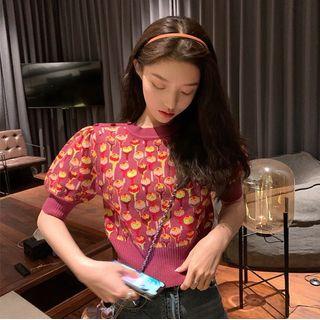 Printed Short-sleeve Knit Top As Shown In Figure - One Size