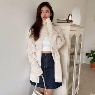 Deep-slit Cable-knit Sweater Beige - One Size