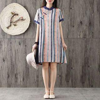 Elbow-sleeve Striped Frog-button Dress