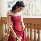 Puff-sleeve Cold-shoulder Midi A-line Dress