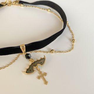 Bat Cross Pendant Layered Alloy Choker Black & Gold - One Size