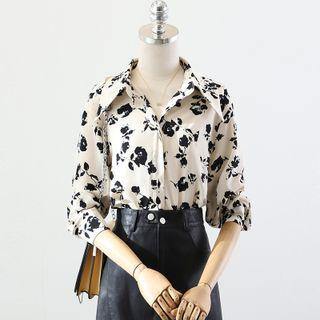 Flower Print Shirt / Faux Leather Mini A-line Skirt