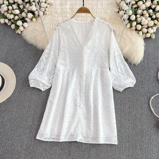 Puff-sleeve V-neck Eyelet Dress White - One Size
