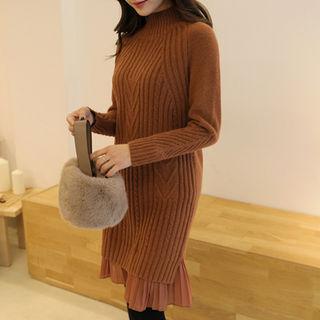 Mock-neck Chiffon-layered Knit Dress