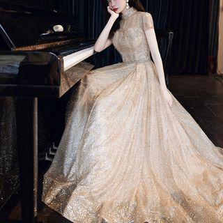 Short-sleeve Mock-turtleneck Sequin Mesh Evening Gown