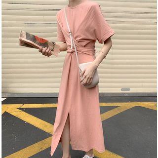 Twisted Front-slit Short-sleeve T-shirt Dress As Shown In Figure - One Size