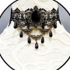 Faux Crystal Fringed Lace Choker Black - One Size