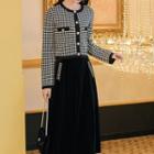 Set: Long-sleeve Checked Buttoned Knit Top + Midi A-line Skirt