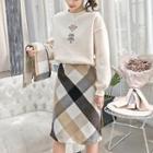 Lettering Pullover / Plaid Straight Fit Skirt / Scarf / Set