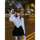 V-neck Ruffle Trim Lace Blouse White - One Size
