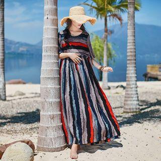 Striped Elbow-sleeve Dress As Shown In Figure - One Size