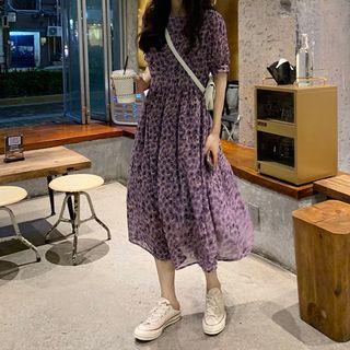 Short-sleeve Midi Floral A-line Dress Purple - One Size
