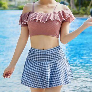 Set: Short-sleeve Ruffled Tankini Top + Check Swim Skirt