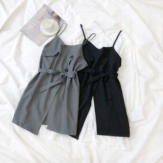 Plain Shirt / Front-slit Spaghetti Strap Mini Dress