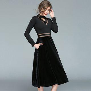 Mesh Panel A-line Midi Dress