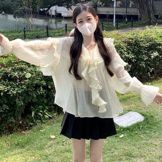 V-neck Ruffled Blouse Cream Yellow - One Size
