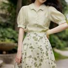 Set: Puff-sleeve Shirt + Floral Print Midi A-line Skirt