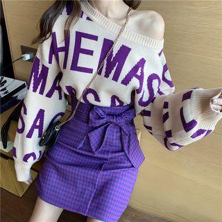 Asymmetric Shoulder Letter Printed Top / High-waist Houndstooth Bow Accent Skirt