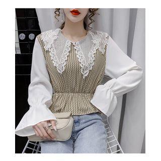 Lace Collar Plaid Panel Blouse
