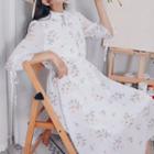 3/4-sleeve Floral Print Midi A-line Chiffon Dress