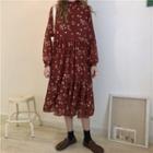 Floral Print Long-sleeve Chiffon Dress As Shown In Figure - One Size
