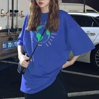 3/4-sleeve Earth Printed T-shirt Blue - One Size