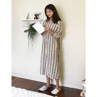 Tie-neck Stripe Long Shift Dress