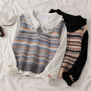 Jacquard Knit Vest / Long-sleeve Blouse