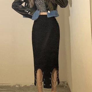 High-waist Chain Slit Midi Pencil Skirt