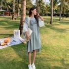 3/4-sleeve Lace Panel Midi T-shirt Dress