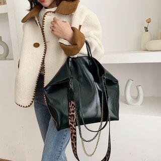 Leopard Print Strap Faux Leather Tote Bag