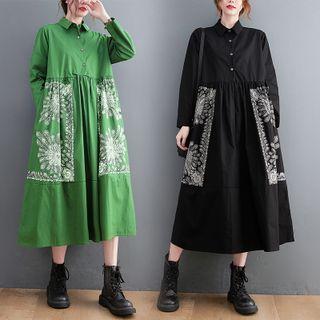 Long-sleeve Floral Print Tiered Midi Shirt Dress
