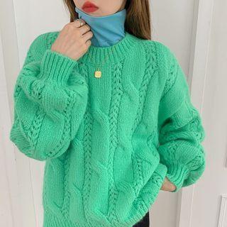 Plain Mock-neck Long-sleeve Top / Cable-knit Sweater