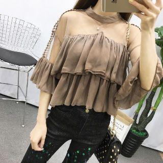 3/4-sleeve Mesh-panel Layered Top