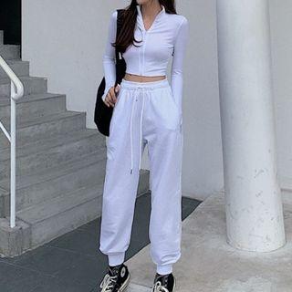 Set: Plain Cropped Jacket + Drawstring-waist Sweatpants