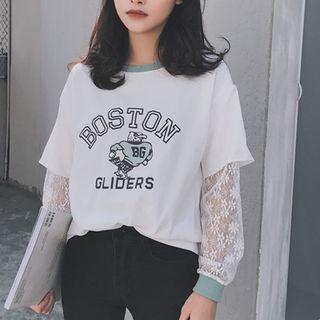 Mock Two Piece Lace Panel Print Top