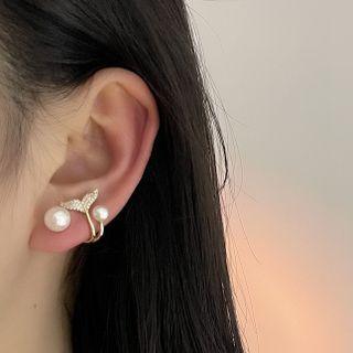 Rhinestone Faux Pearl Mermaid Tail Stud Earring 1 Pair - Gold - One Size