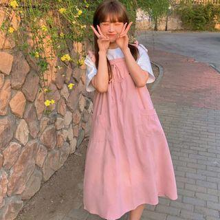 Frill Trim Midi A-line Overall Dress Pink - One Size