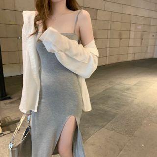 Spaghetti Strap Side-slit Sheath Dress / Plain Cardigan